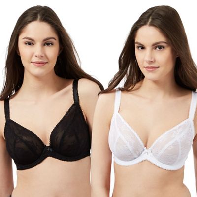 Gorgeous DD+ Pack of two white and black lace D-H plunge bras